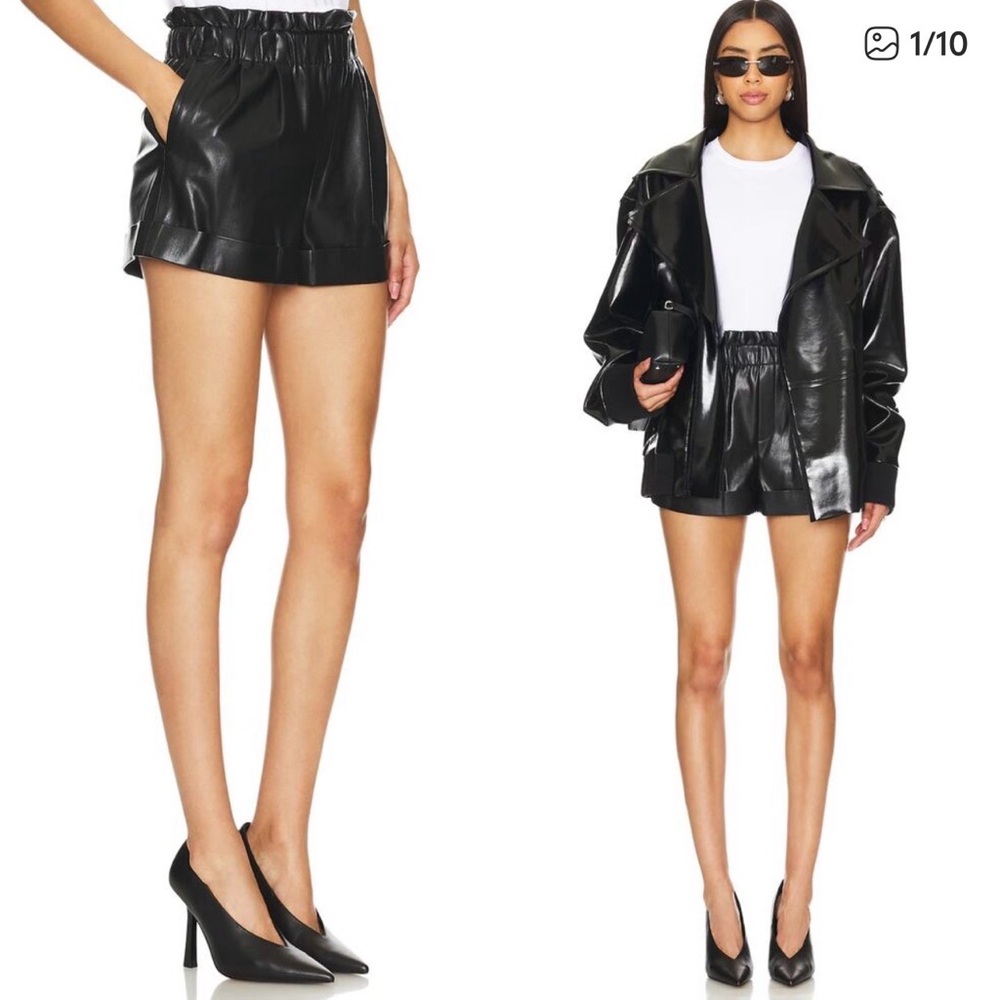Alice + Olivia Reagan Vegan Leather Paperbag Shorts Black